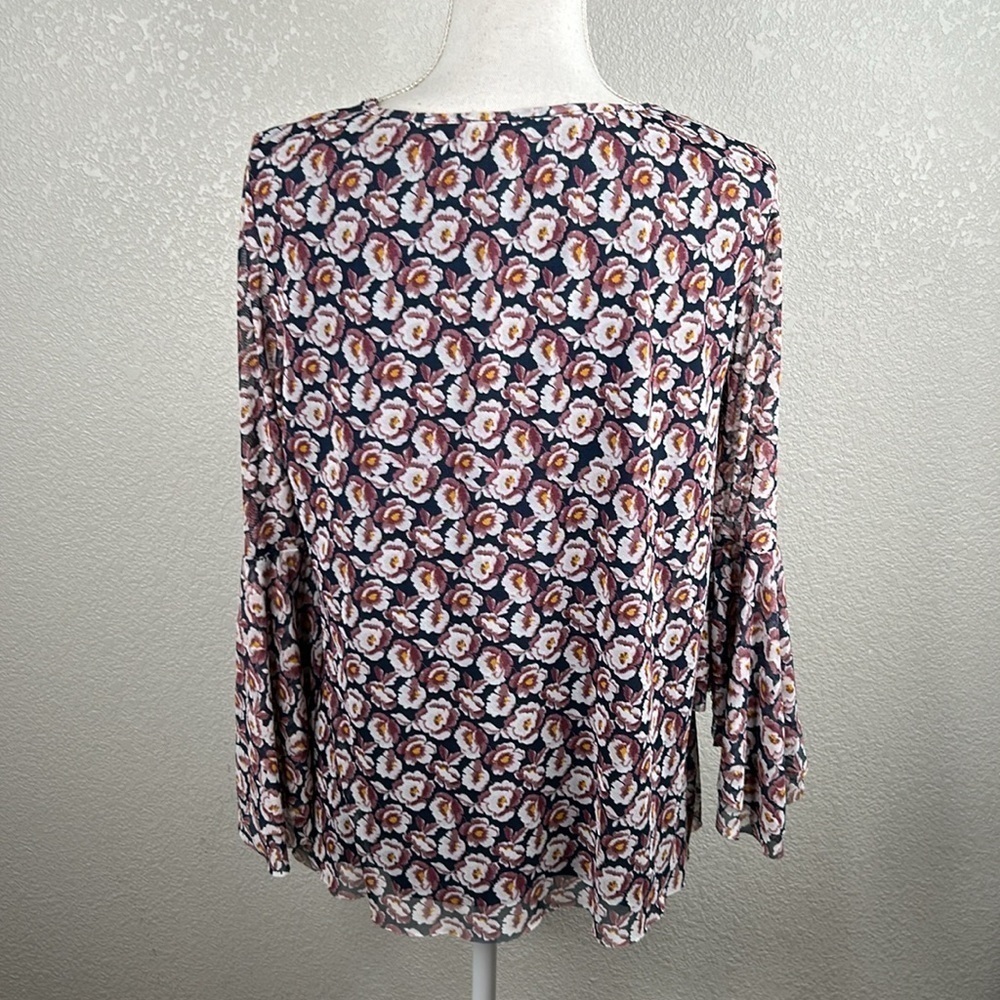 MSK Navy Blue Floral Boho Sheer Ruffle Sleeves Size Large - Picture 4 of 6